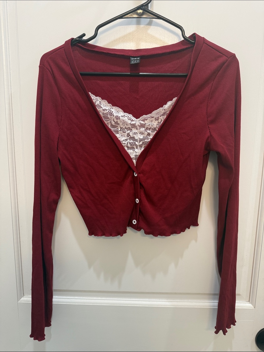 SHEIN Burgundy Ribbed Lace-Trim Cropped Cardigan